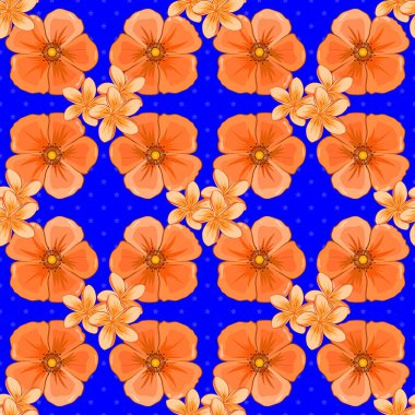 Soyut vektör arkaplanı. Çiçeksiz desen, çiçek açan kozmos çiçekleri ve mavi arka planda yapraklar. Kozmos çiçekli şık duvar kağıtları.