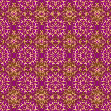 Pembe arka planda klasik altın süslemeleri olan kusursuz çiçek kenarı. Altın pürüzsüz desen.