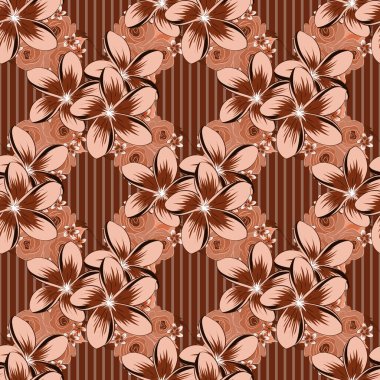 Kahverengi, pembe ve kırmızı renklerde, klasik, dikişsiz desen. El yazısı vektör tesisat çiçekleri, pullar, anahtarlar.