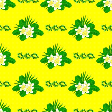 Çiçekli arka plan, suluboya etkisi. Yatak çarşafları, ceket, paket tasarımı, kumaş ve moda kavramları için tekstil baskısı. Plumeria çiçekleri ve sarı arkaplanda yaprakları olan pürüzsüz bir şekil..
