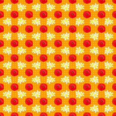 Sarı arka planda kırmızı haşhaş ve beyaz su tesisatının kusursuz deseni. Kusursuz çiçek arkaplanı.