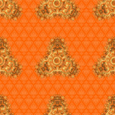Soyut vektör elementleri olan lüks, kusursuz bir şablon. Turuncu arkaplanda altın desen.