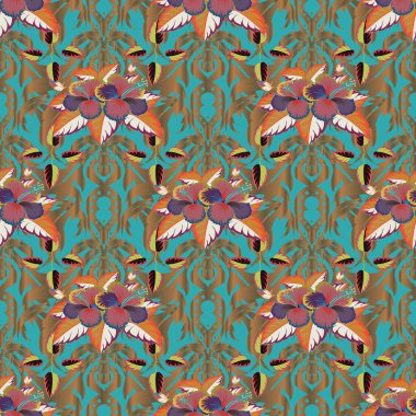 Vektör çizimi. Renksiz vektör desenli çiçek deseni. El çizimi çiçek deseni, kahverengi, yeşil ve turuncu dekoratif çiçekler..