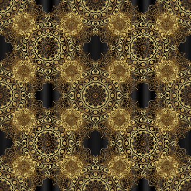 Siyahta vektör altın mehndi pürüzsüz desen. Geleneksel Hint tarzı, kına dövmeli altın elementler, altın çıkartmalar, mehndi ve yoga tasarımı, kartlar ve baskılar..