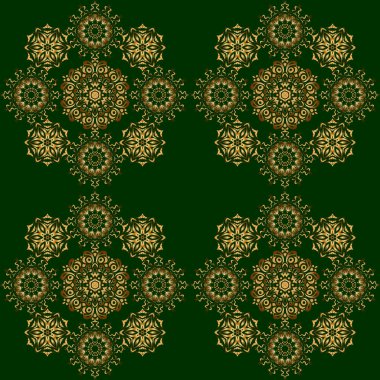 İslami doğuya özgü pürüzsüz desen. Yeşil arka planda soyut altın çember süsü. Müslüman, Doğu süsü, Hint süsü, İran motifi. Duvar kağıdı, pankart, ambalaj, düğün kartı olarak kullanılabilir.