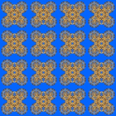 El çizimi mandala, mavi arka planda altın soyut desen..