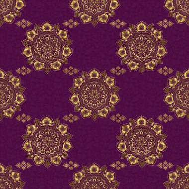 Dekorasyon, kumaş ya da tekstil için klasik dikişsiz desen. Mor arkaplanlı dekoratif raster altın elementler.