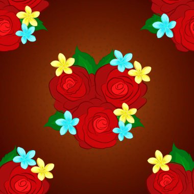 Yeşil yapraklı kahverengi, kırmızı ve mavi güller. Eğilimli vektörsüz çiçek deseni.