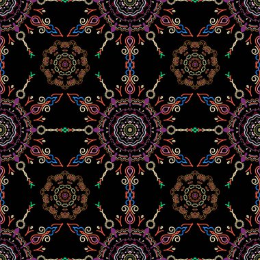 Ikat damaske desensiz arkaplan siyah zemin üzerinde turuncu, yeşil ve nötr renkler.