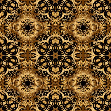 Kusursuz desenli oryantal süs. Siyah ve altın renkli tekstil baskısı. İslami vektör tasarımı Çiçek motifli altın fayanslar.