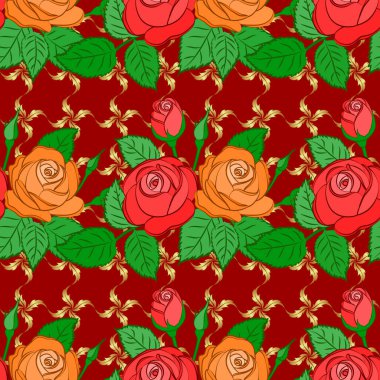 Kırmızı arka planda, gül çiçekleri ve yeşil yapraklı kusursuz çiçek deseni. Vektör illüstrasyonu.