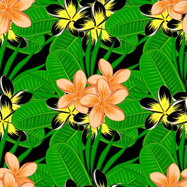 Vektör çizimi. Siyah arka planda çiçek motifleri olan soyut zerafet deseni. Dekoratif tesisat çiçekleri tekrar eden desen.