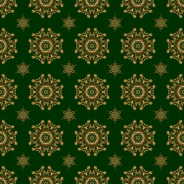 Geleneksel Hint tarzı, kına dövmeli altın elementler, altın çıkartmalar, mehndi ve yoga tasarımı, kartlar ve baskılar. Raster altın mehndi yeşil üzerinde kusursuz desen.