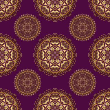 Vektör çizimi. Geometrik yinelenen kusursuz desen, mor bir arkaplan üzerinde altıgen şekilli altın gradyan.