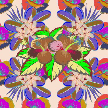 Parlak, güzel, kusursuz bir arka plan. Yeşil, mavi ve mor renkli, soyut, şirin çiçek deseni. Vektör illüstrasyonu.