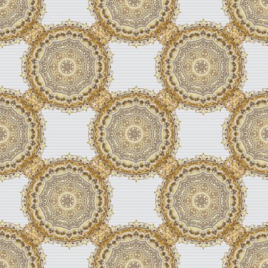 Vektör çizimi. Gri arkaplandaki altın rengi elementlerin kusursuz vektör görüntüsü. Duvar kağıdı, sunum, tasarım, tekstil için.