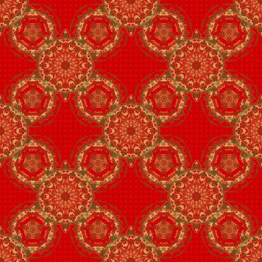 Kırmızı bir arka planda yıldız deseni, altın rengi bir süs. Şatafatlı, yıldızlı, kusursuz bir desen. Kusursuz bir arka plan. Altın madalyalar.