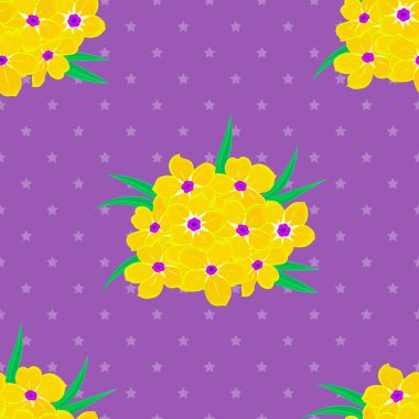 Yeşil, mor ve sarı renklerde klasik, dikişsiz desen. El yazısı Primula çiçekleri, pullar, anahtarlar.