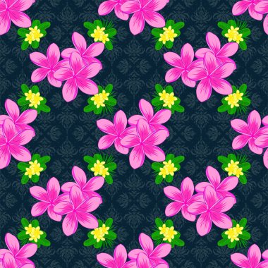 Çiçek izi. Vektör Plumeria çiçek deseni tekrarlanıyor. Mavi bir arka planda modern bir çiçek deseni var..