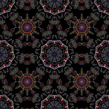 Şam, mor ve sarı renklerde, dikişsiz çiçek deseni. Vektör illüstrasyonu.