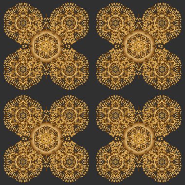 Soyut kabile, etnik altın doku. Doğu, İslam, Tayland, Hint, sedir motifleri. Gri arka planda Vektör Mandala altını. Arap Vintage dekoratif süsü. Doğu, simetri danteli, meditasyon sembolü.