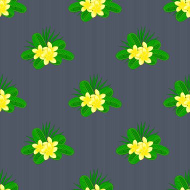 Kumaş, tekstil ve ambalaj kağıtları için dekoratif süs. Yeşil, sarı ve gri renkli duvar kağıtları. Geleneksel doğuya özgü pürüzsüz desen. Plumeria çiçekleriyle vektör çizgili, pürüzsüz desen