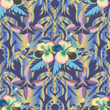 Vektör çizimi. Yeşil, sarı ve mavi amfibik desenli. Suluboya tarzında tropik çiçeklerle vektörsüz desen.