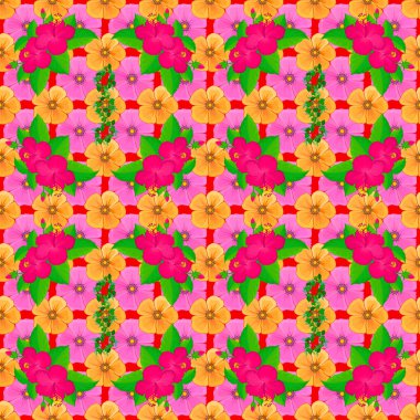 Raster illüstrasyonu. Kırmızı arka planda sevimli çiçekli kusursuz çiçek deseni..