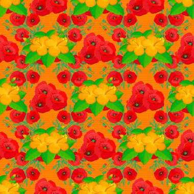 Güzel suluboya çiçekleri, parlak resimler çiçek desenlerine ilham kaynağı oldu. Turuncu arka planda pürüzsüz desen.