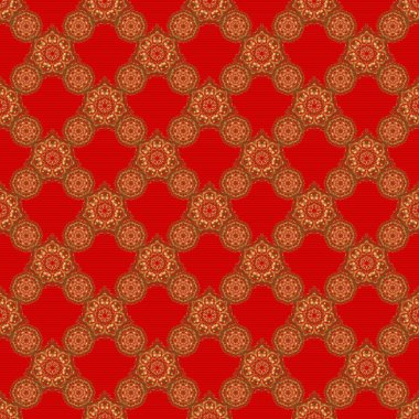 Vektör çizimi. Kırmızı arka planda barok tarzında, doğulu süslemeler. Geleneksel klasik altın ve kırmızı desen.