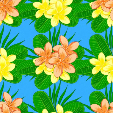 Şirin vektör çiçekli arka plan. Plumeria çiçekleri mavi arka planda kusursuz desen.