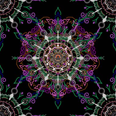 Ortaçağ kraliyet düzeni. Siyah arka planda pembe ve yeşil pürüzsüz desen. Vektör çizimi. Doğum günü kartı, davetiye ya da afiş için iyidir. Dekoratif simetri arabesk.