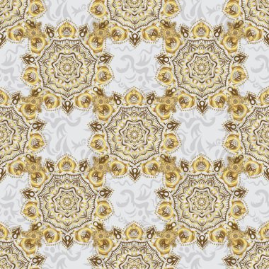 Barok tarzında kusursuz desenli doğu süsü. Geleneksel klasik Altın Şablon. Gri ve altın desenli.
