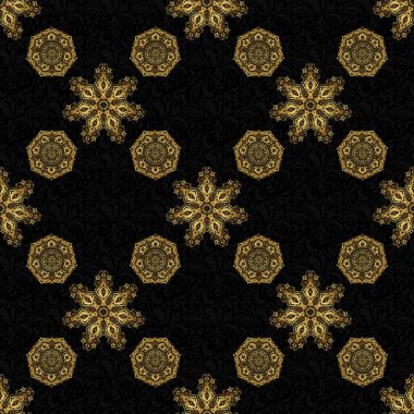 Kutlama kartlarını süslemek için alet çantası. Parlayan ışıklarla siyah bir arkaplanda altın parıltılı süsler. Siyah bir zemin üzerinde kusursuz altın elementler deseni.