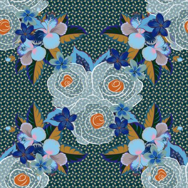 Mavi, kahverengi ve gri renklerle elle boyanmış. Vektör gül çiçekleri pürüzsüz desen.