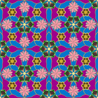 Motley ızgarası. Pembe, mor ve mavi elementlere sahip kusursuz vektör deseni.