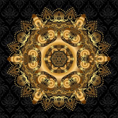 Zengin etnik çizgili dikişsiz geometrik tasarım. Siyah arka planda altın mandala. Vektör illüstrasyonu.