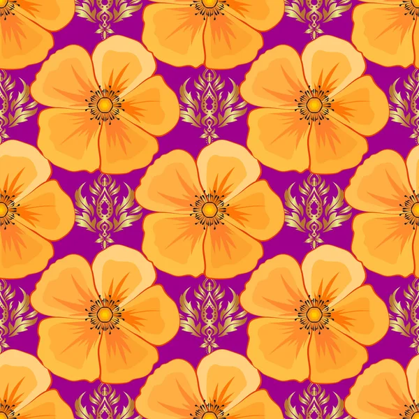 Vektorillustration Nahtloses Muster Mit Niedlichen Kosmos Blumen Gelben Orangen Und — Stockvektor