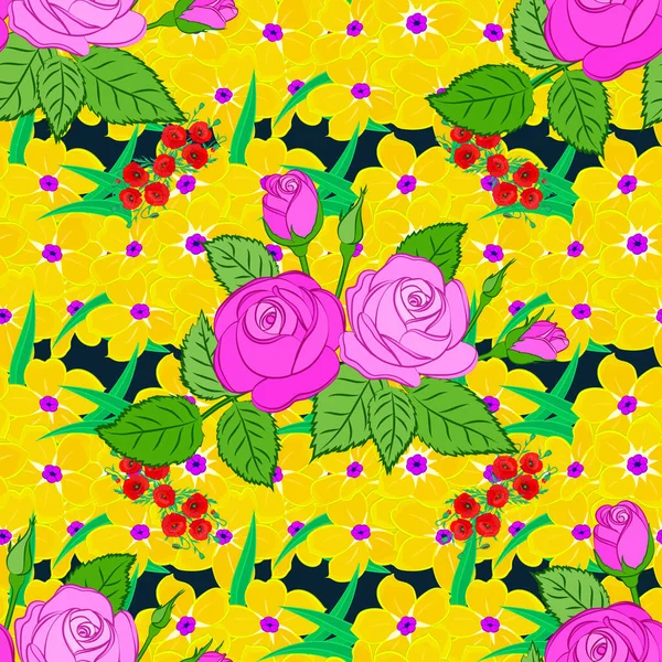 Motif Floral Vectoriel Sans Couture Avec Fleurs Rose Feuilles Vertes — Image vectorielle