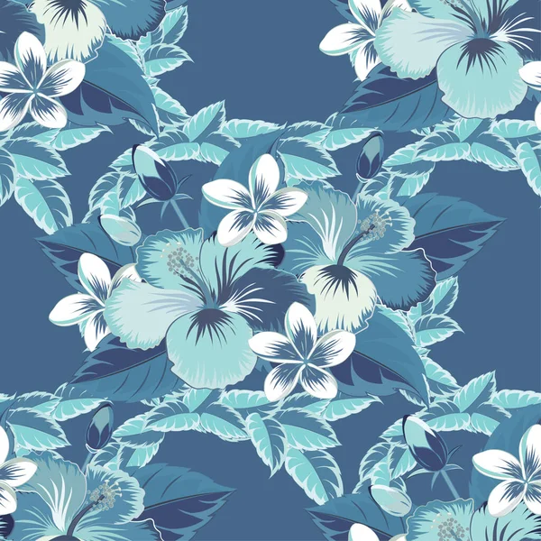 Elegant Seamless Pattern Decorative Blue Hibiscus Flowers Vector Floral Pattern — Stock Vector