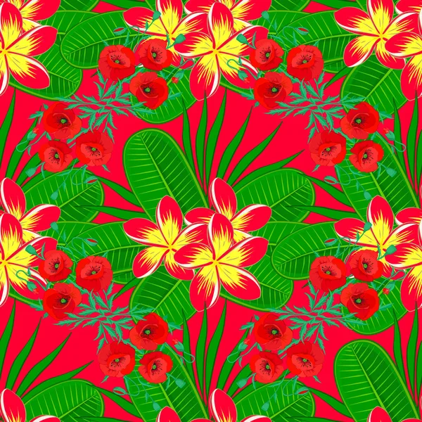 无缝图案与五颜六色的花 春天的主题 红色背景上有许多可爱花朵的矢量图解 — 图库矢量图片
