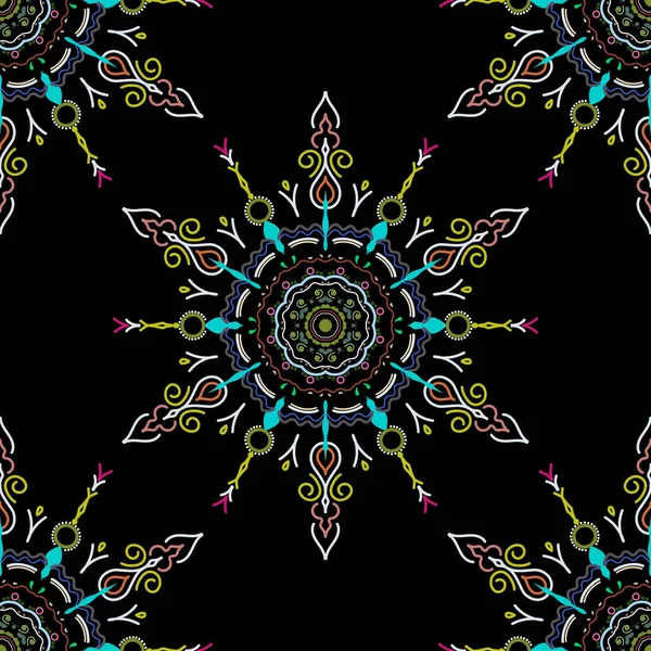 Decoratieve Symmetrie Arabesk Groen Blauw Roze Naadloos Patroon Een Zwarte — Stockvector