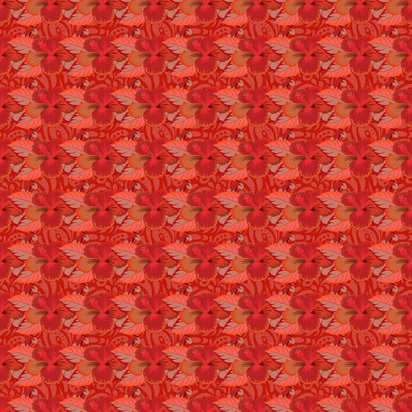 多くのオレンジ ピンクと赤の花のベクトルスケッチ オレンジ ピンク 赤ハイビスカスの花の背景のシームレスなパターン 手描きのシームレスな花イラスト — ストックベクタ
