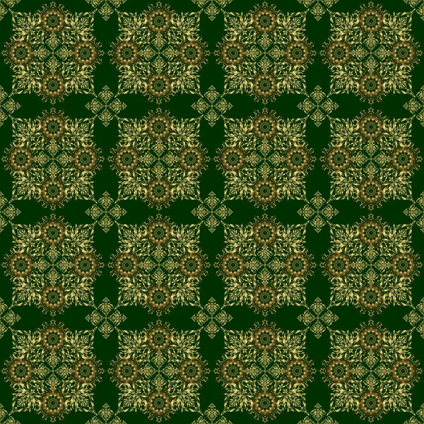 Зеленый Золотой Винтажный Орнамент Бесшовный Узор — стоковый вектор