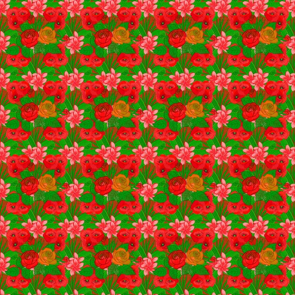 Abstrakcyjny Elegancki Raster Bezszwowy Wzór Różanymi Kwiatami Zielonymi Liśćmi Pomarańczowych — Wektor stockowy