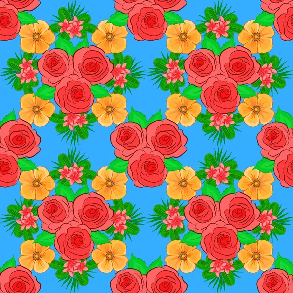 Векторные Открытые Цветки Бутоны Безгерметичного Узора Зеленого Оранжевого Синего Цветов — стоковый вектор