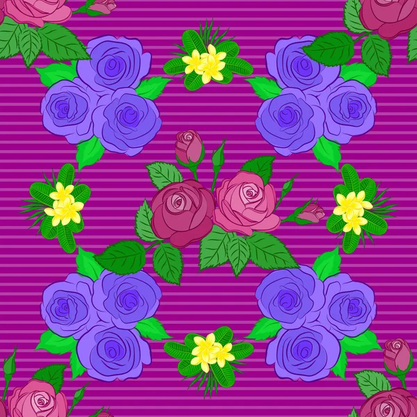 Vector Seamless Pattern Greeting Card Violet Purple Roses Green Leaves — Stock Vector