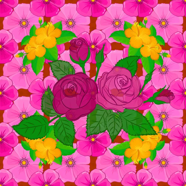 Vektorillustrasjon Sømløst Blomstermønster Søte Roseblomster Grønne Blader Magenta Rosa Grønne – stockvektor