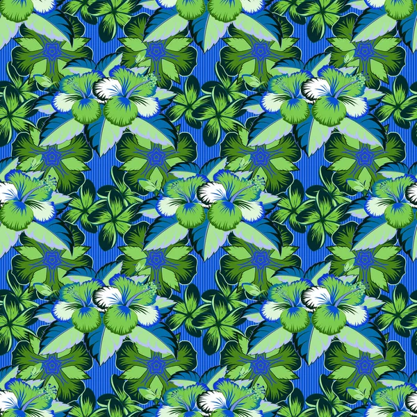 Elegancki Bezszwowy Wzór Dekoracyjnymi Niebieskimi Zielonymi Kwiatami Hibiskusa Wektorowy Wzór — Wektor stockowy