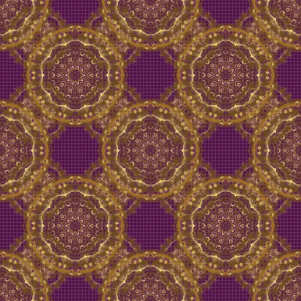 Vector Illustration Golden Shiny Ornament Purple Background Damask Seamless Pattern — Stock Vector